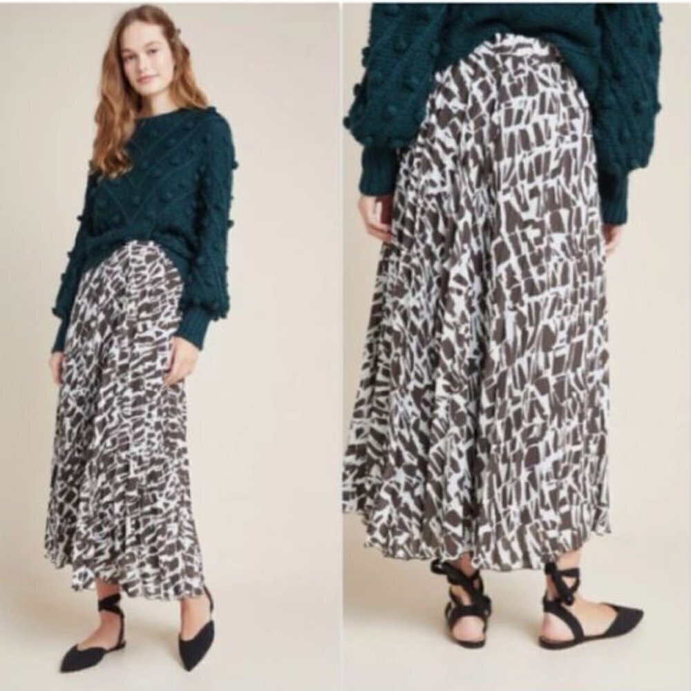 Anthropologie Maeve pleated brown white‎ maxi skirt Size XS New Oversized